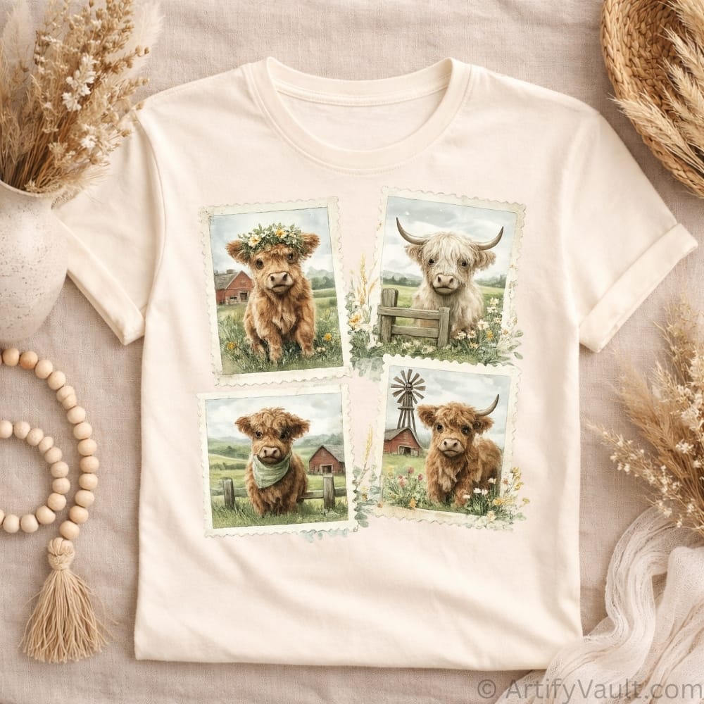 Vintage Highland cow postage stamp PNG design with four rustic farmhouse cow illustrations