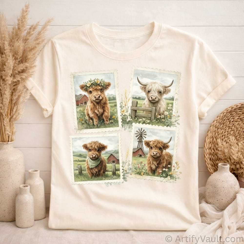 Vintage Highland Cow PNG – Farmhouse Cow Postage Stamp Design – Rustic Farm Animal Sublimation PNG – Instant Download - Image 3