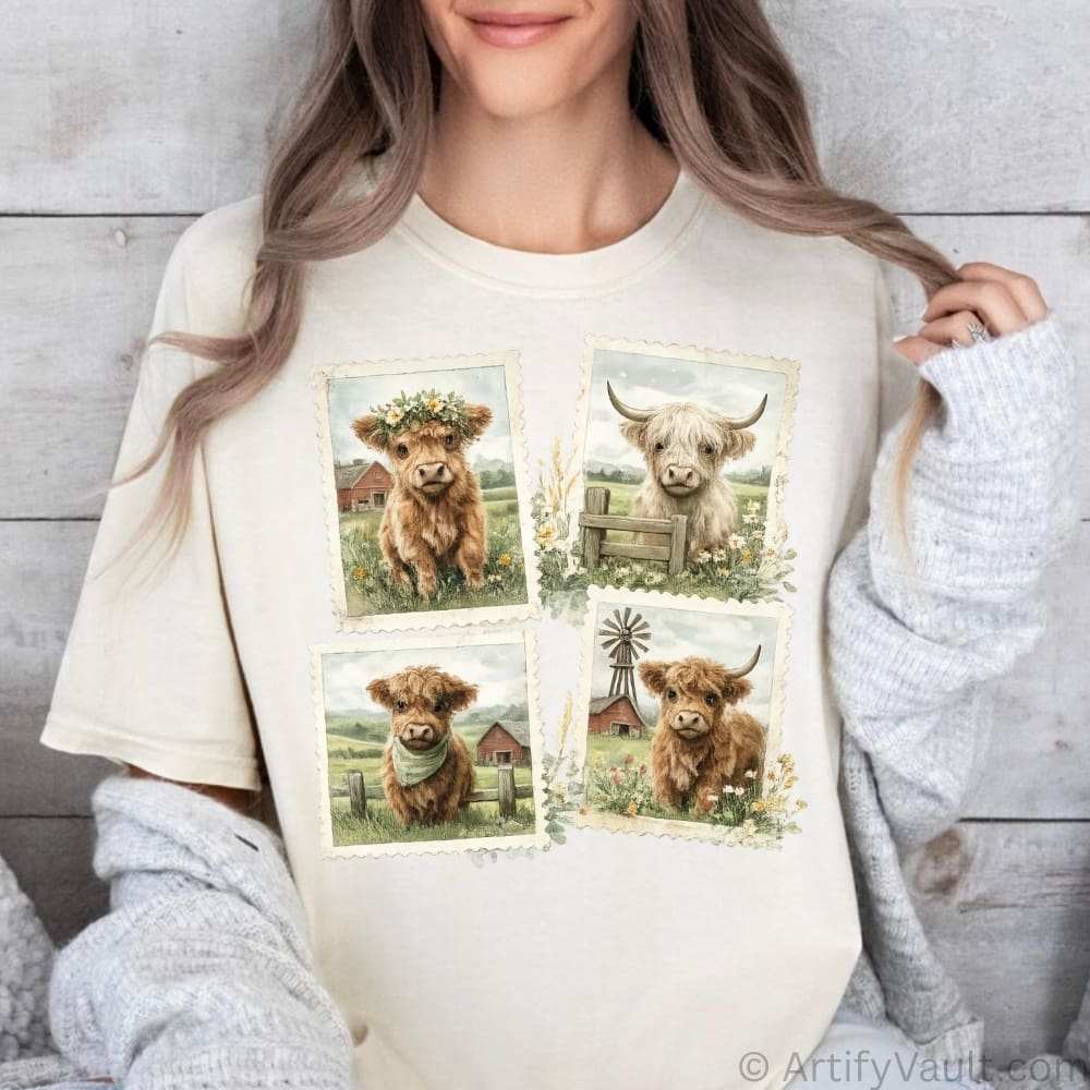 Vintage Highland cow postage stamp PNG design with four rustic farmhouse cow illustrations