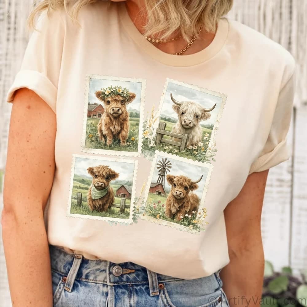 Vintage Highland Cow PNG – Farmhouse Cow Postage Stamp Design – Rustic Farm Animal Sublimation PNG – Instant Download - Image 6