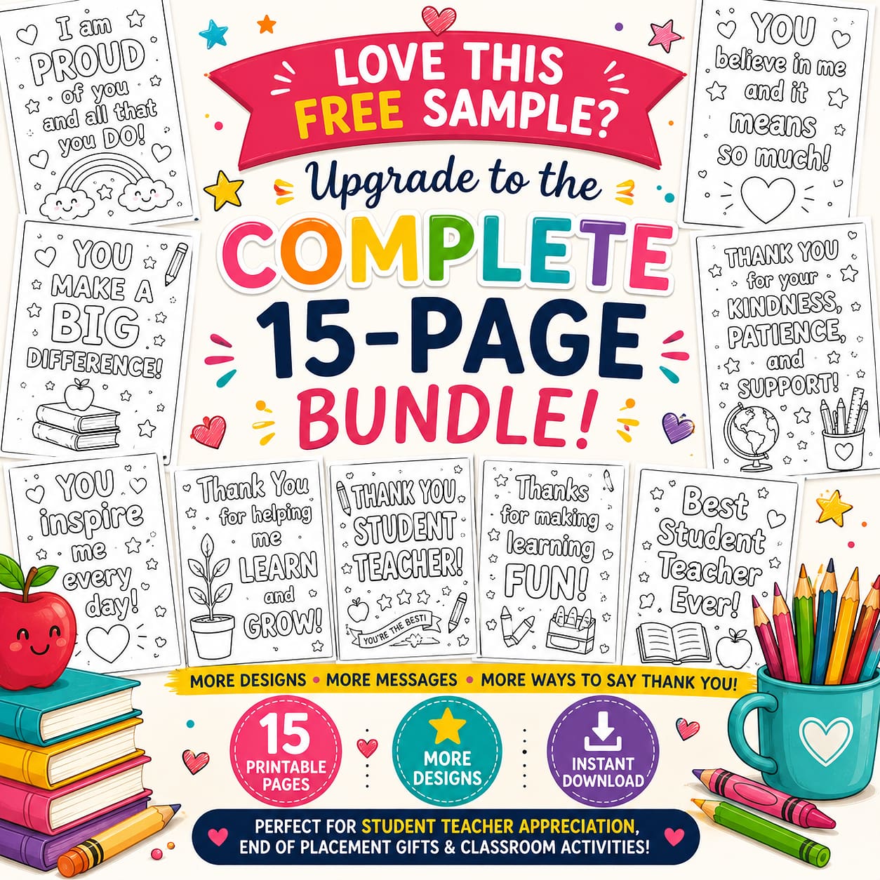 Free Student Teacher Appreciation Coloring Pages sample featuring three printable thank you coloring sheets for classroom activities and gifts.