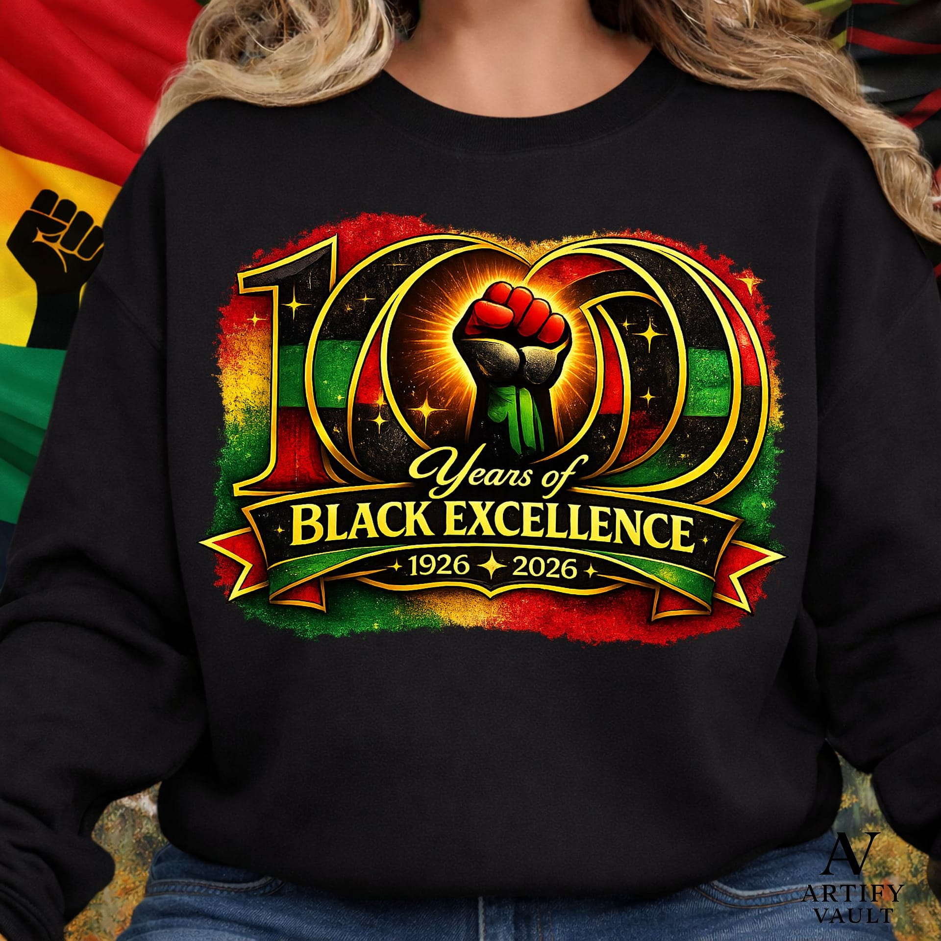100 Years of Black Excellence PNG design on t-shirt mockup featuring black power fist in African colors