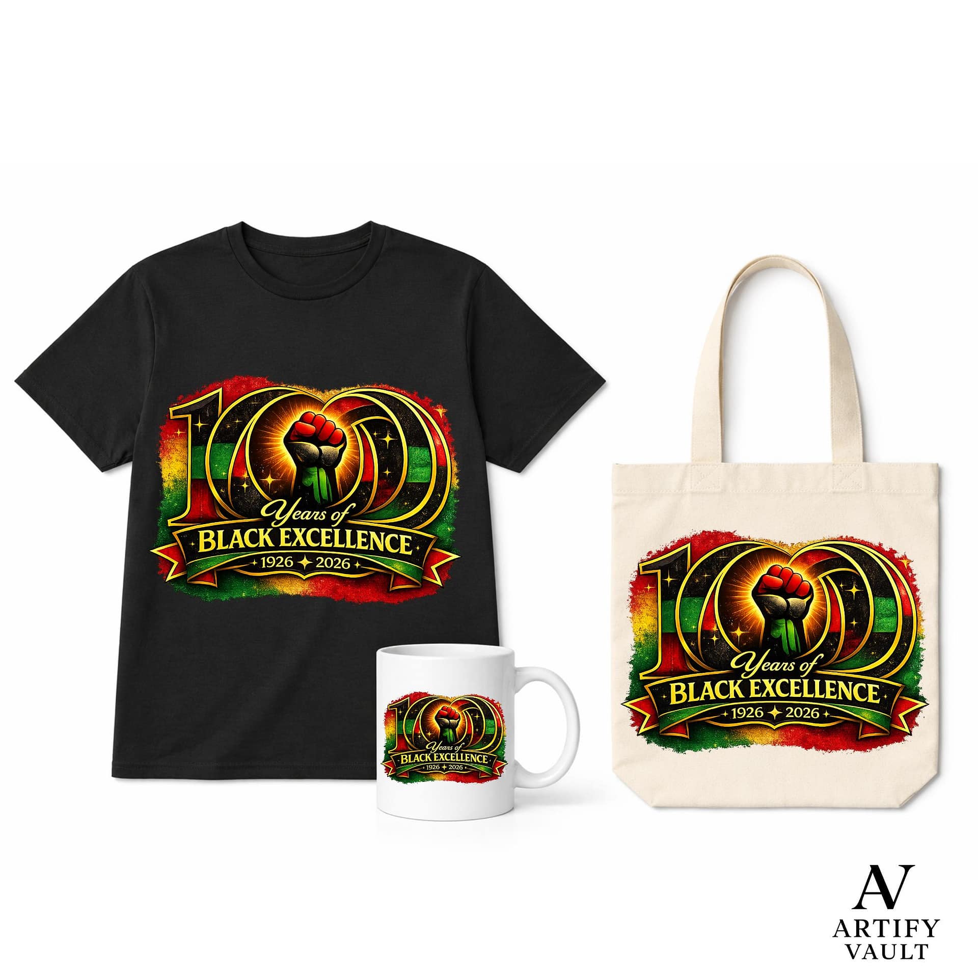 100 Years of Black Excellence PNG design on t-shirt mockup featuring black power fist in African colors