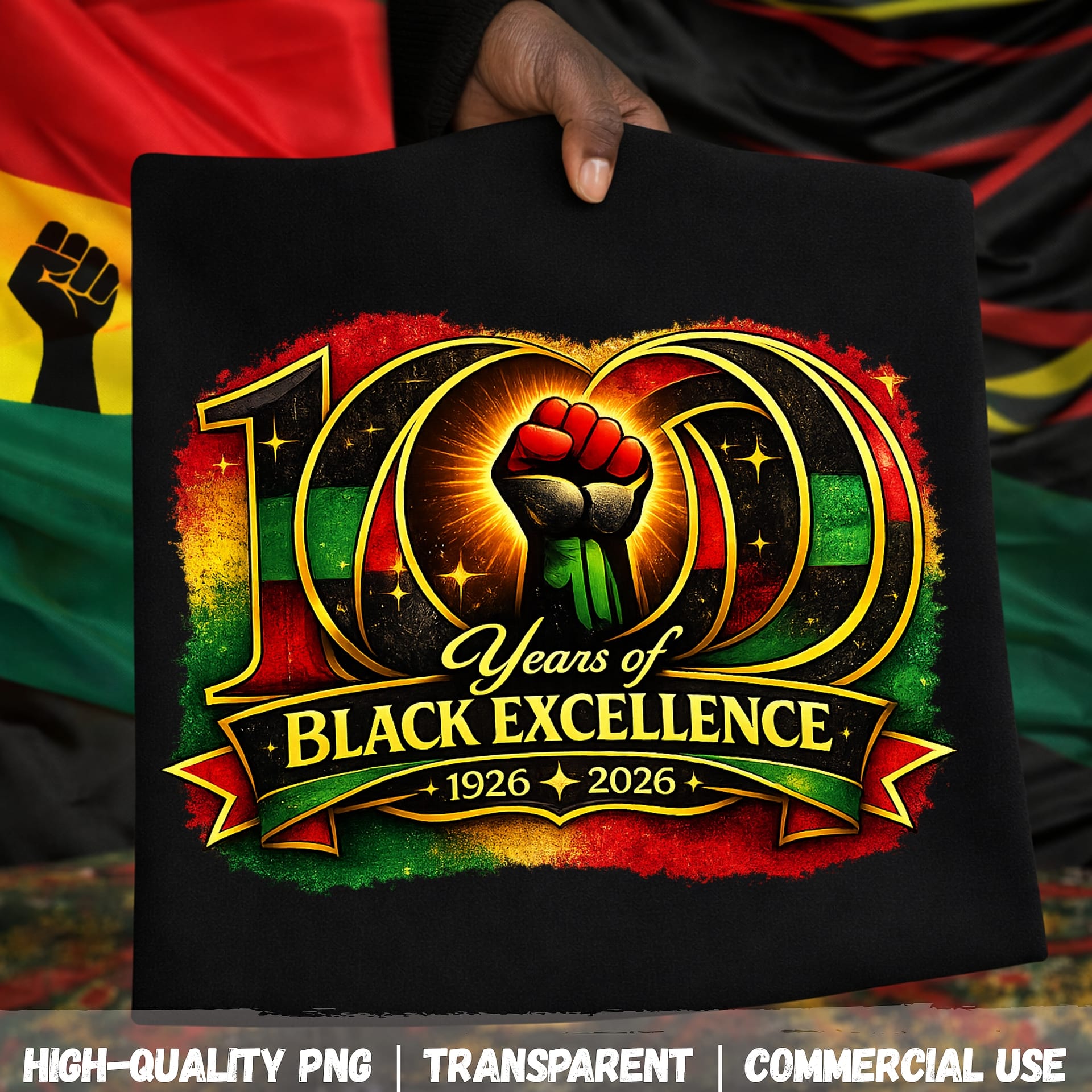 100 Years of Black Excellence PNG design on t-shirt mockup featuring black power fist in African colors