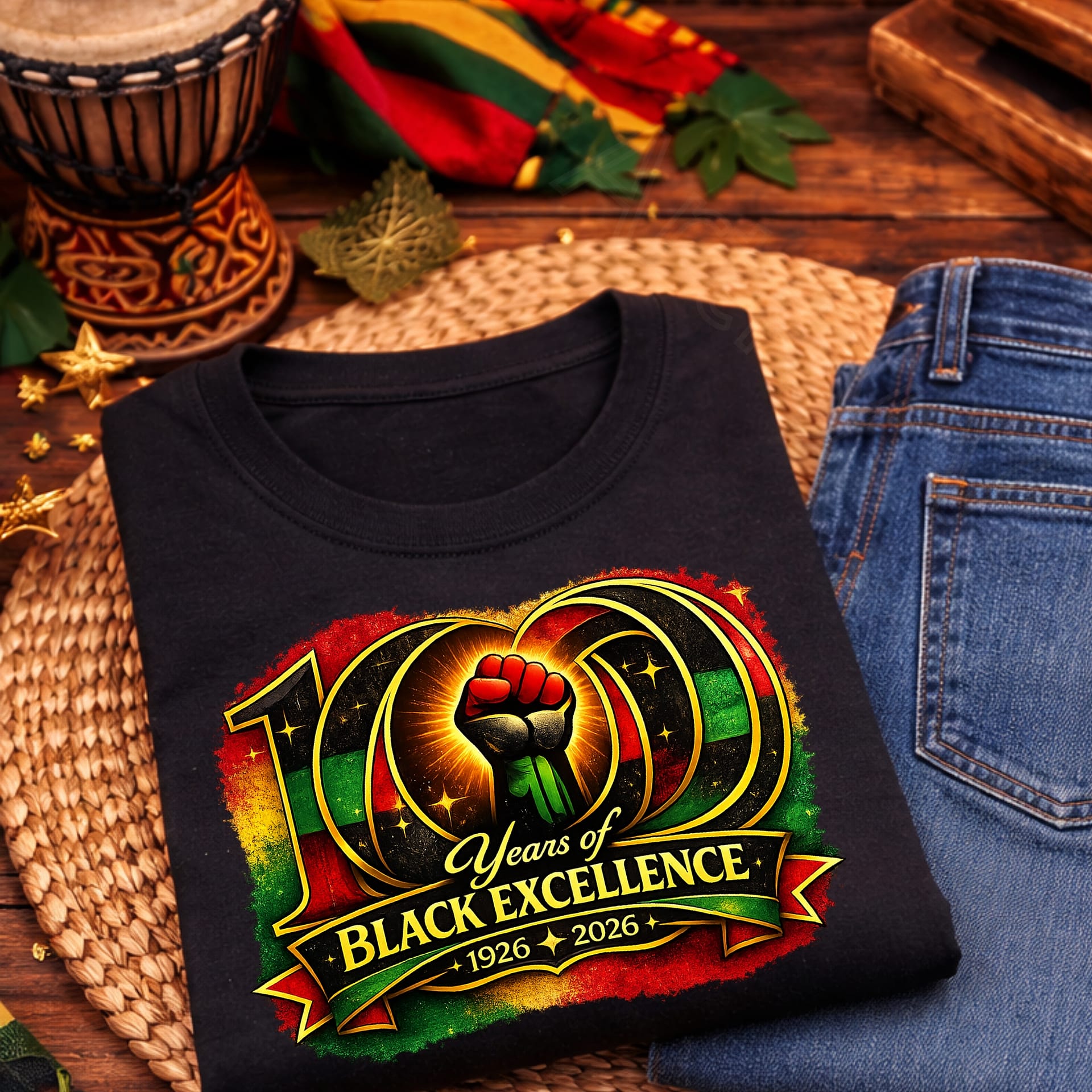 100 Years of Black Excellence PNG design on t-shirt mockup featuring black power fist in African colors