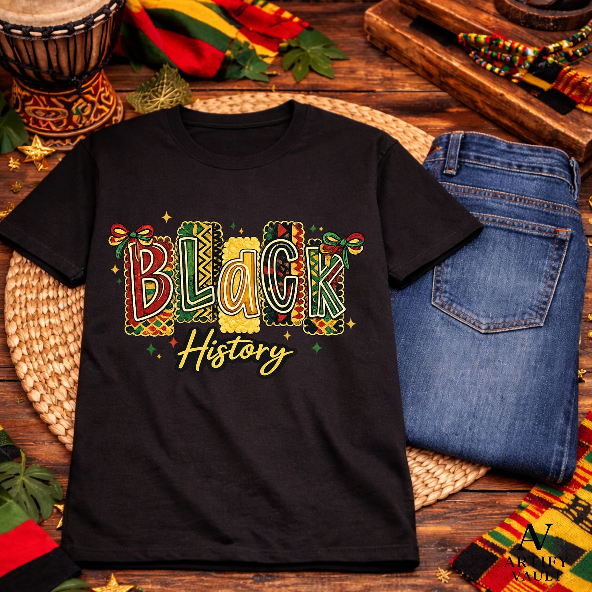 Black History Month PNG with Afrocentric patchwork design in Pan African colors and Kente-inspired patterns