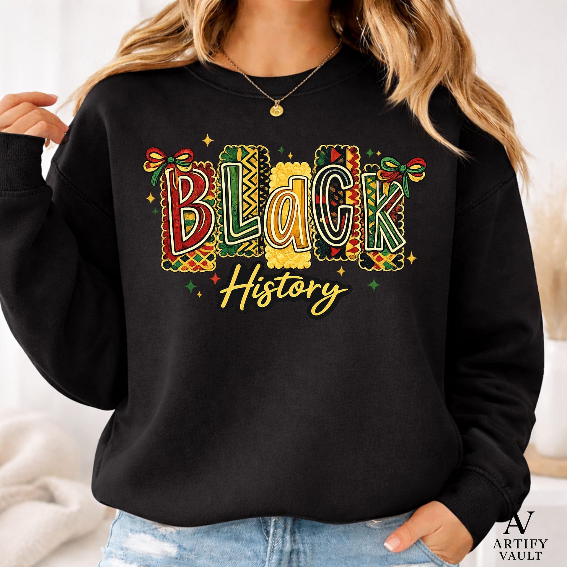 Black History Month PNG with Afrocentric patchwork design in Pan African colors and Kente-inspired patterns