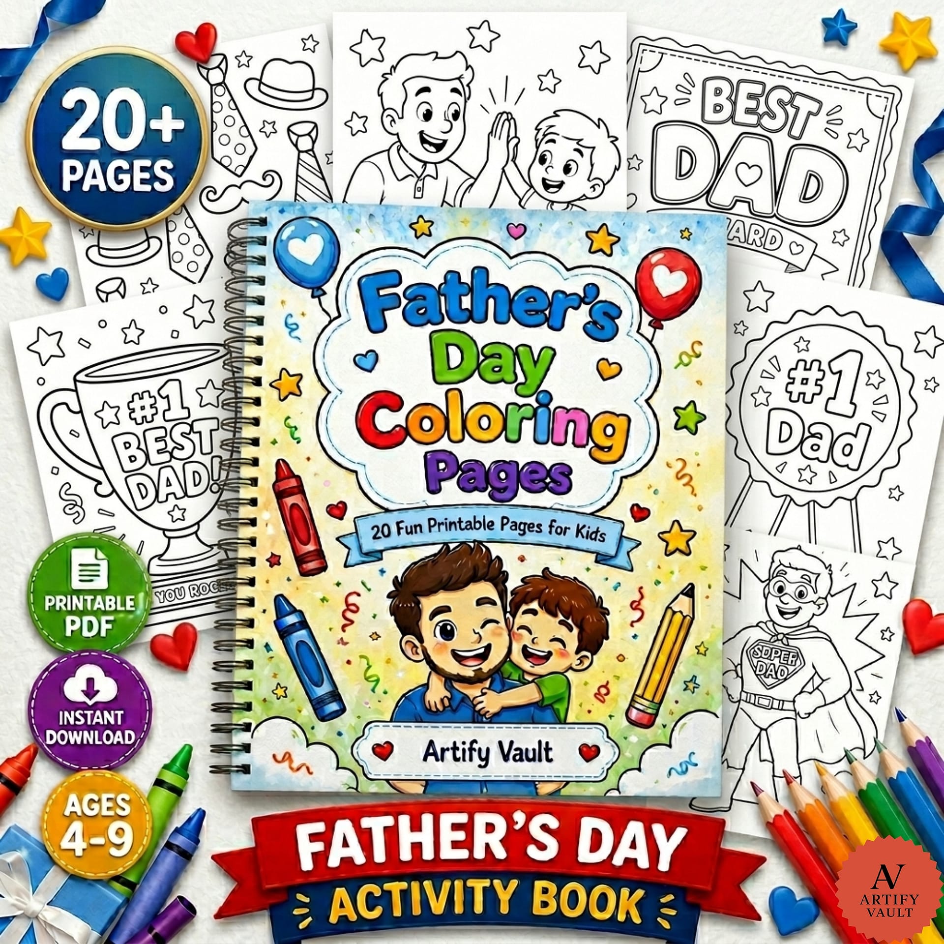 Father’s Day Coloring & Activity Book printable PDF featuring 20+ coloring pages, bonus worksheets, and a Best Dad certificate for kids ages 4–9. Includes Draw My Dad, All About My Dad, and Acrostic Poem activities. Instant digital download, printable 8.5 x 11 inches, perfect for home, classroom, or gift.