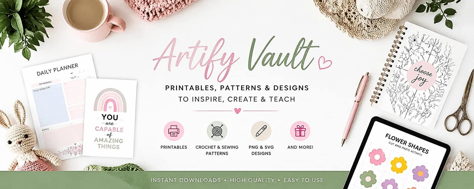 Artify Vault digital downloads store banner featuring printable planners, crochet patterns, PNG and SVG designs, and creative resources for crafting, learning, and inspiration