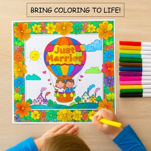 Kids Wedding Coloring Book printable PDF with 45 adorable, age-appropriate coloring pages and bonus pages, designed for children to enjoy during wedding ceremonies, receptions, and activity corners.