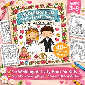 Kids Wedding Coloring Book printable PDF with 45 adorable, age-appropriate coloring pages and bonus pages, designed for children to enjoy during wedding ceremonies, receptions, and activity corners.