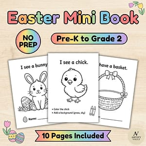 Easter mini book printable for kids with bunny, eggs, and coloring activities for kindergarten and preschool