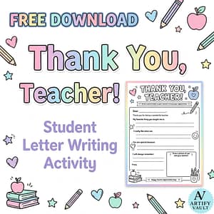 Thank you teacher worksheet printable PDF activity for Teacher Appreciation Day with writing and drawing page for elementary students.