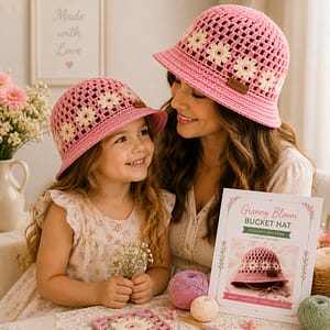 Granny Bloom Bucket Hat crochet pattern PDF featuring a handmade pink granny stitch bucket hat with A4 and US Letter printable pattern pages, beginner friendly crochet bucket hat design with step-by-step instructions