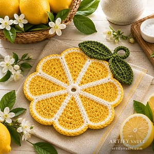 Lemon Blossom Trivet Crochet Pattern PDF by Artify Vault featuring a handmade crochet lemon potholder and trivet design with fresh lemons and cottagecore kitchen styling.