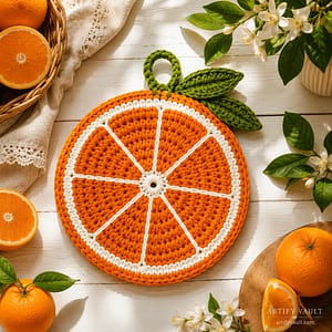 Orange Slice Trivet Crochet Pattern PDF by Artify Vault featuring a handmade crochet orange potholder and trivet with fresh oranges, orange blossoms, and modern farmhouse kitchen styling.
