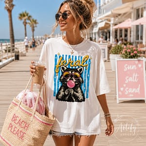 Feral Raccoon PNG retro bubblegum design for preppy girl summer shirt with transparent background